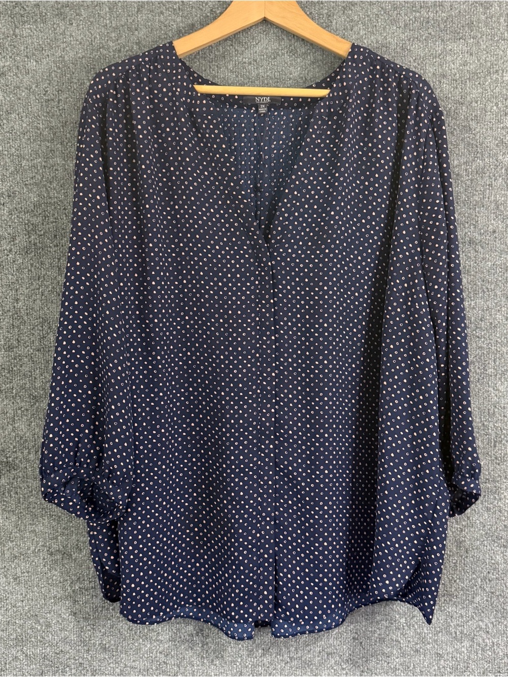NYDJ Womens 2X Blouse Navy Pink Dot Print 3/4 Sleeve V Neck Office Career